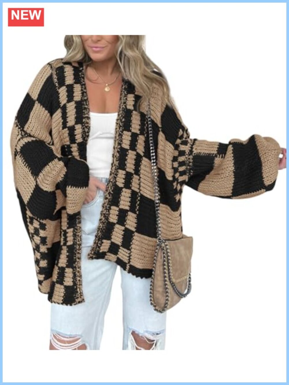 Womens Cardigan Sweater Checkered Pattern Long Sleeve Open Front Chunky Knit
